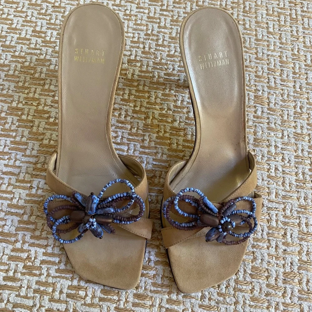 Stuart Weitzman Tan & Blue Slip on Beaded Heel Sandals 7.5 - Picture 1 of 7